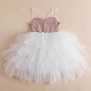 春のスパンコールのドレス子供服の女の子子供パーティープロムチュールチュチュプリンセス3-8Y 220422のためのエレガントな正式なボールガウン