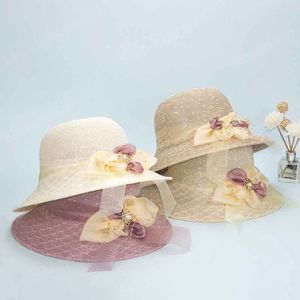 夏の女性の太陽の帽子バケツキャップベージュレースボウノットフラワーリボンフラットトップストローハットビーチキャップパナマ
