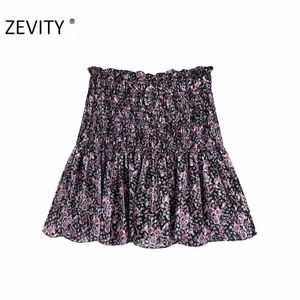 Zevity Women Vintage Tropical Flower Print Pleated Mini Skirt Faldas Mujer LadiesカジュアルスリムフリルシフォンスカートQun671 210306