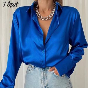 Frauen Elegante Satin Solide Langarm Blusen Weibliche Chic Vintage Blau Grün Casual Lose Anliegende Tasten Unten Shirts Tops W220321