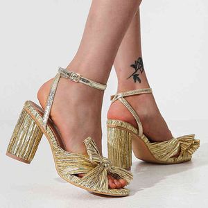 Female Women New Sandals Pleated Mesh Summer Cloth Block High Heels Shoes Ladies Elegant Butterfly Knot Sewing Retro Sandal T