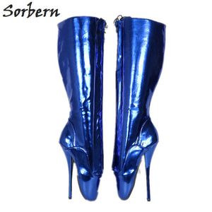 Sorbern Metalik Kraliyet Mavi Çizmeler Kadın Seksi Fetiş Yüksek Bale Sivri Çizmeler PinUp Bale Kilitlenebilir Fermuar Lace Up Unisex Çizmeler