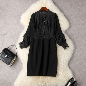 2022 Summer Long Sleeve Round Neck Black Solid Color Lace Panelled Ribbon Tie Bow Buttons Knee-Length Dress Elegant Casual Dresses 22A194005