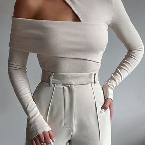 TiulZial Ribbed Knitted Turtleneck Long Sleeve Top Hollow Out White Sexy Club T Shirt Women Slim Skinny Tee Lady Clothing 220408