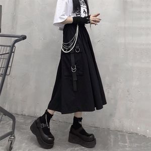 Gothic High Cintura Cintura Saias Mulher Harajuku Loose A-Linha Pocket Midi Long Saia Preta Hip Hop Moda Streetwear 220317