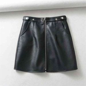 Toppy czarne sztuczne skórzane mini spódnice przednie zamek błyskawiczne spódnice w stylu koreańskiego streetwearu zimowe ubrania 210331