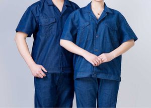 Erkeklerin Trailtsits Workwear Yaz Takım Kısa Kollu Yıkanmış Denim Profesyonel Bağlayıcı Çalıştay Takımcılar