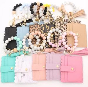 Leopard Sunflower Bracelet Keychain Card Bag Tassel Leather Silicone Bead Card Wallet Crocodile Pattern Bracelets Pendant