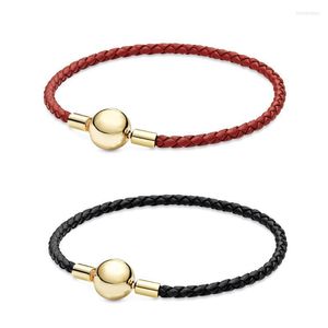 Cadeia de link 2022 100% 925 Momentos de prata esterlina Vermelho Bracelete de couro preto Charme Mulheres Jóias de presente de moda original INTE22