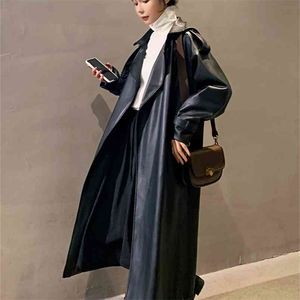 Nerazzurri vår svart överdimensionerad lång vattentät lädergravrock för kvinnor långärmad lös koreanska modekläder 210923