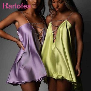 Karlofea Sexig sommarklänning Diamates Chain Strap Double Layers Satin Mini Dresses for Women Vacation Outfits Club Party Clothing Y220401