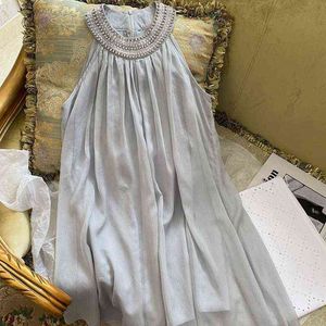 Sweet halter dress French holiday style texture Chiffon heavy industry bead studded round neck doll skirt summer new