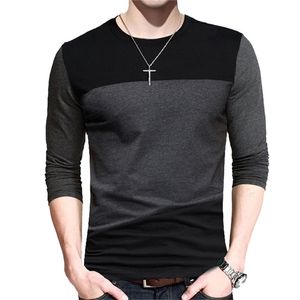 Browon Sonbahar Koreli Erkekler T Shirt Vintage Style Patchwork Blackgray O Beeck Uzun Tshirt Erkek Giyim Artı Boyut M XL