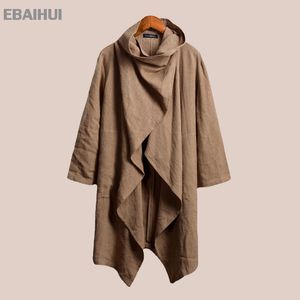 Ebaihui Män Trench Coats Vintage Cotton Ponchos Scarf Collar Långärmad kappa Oregelbundna Jackor Solid Streetwear Ytterkläder