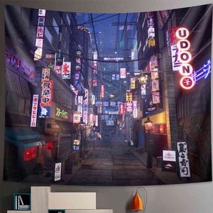 Tokyo Metropolitan Nightlife Tapestry Japanese Wall Hanging Night View Città vibrante Camera da letto Home Decor Hippie Print Tappeti J220804