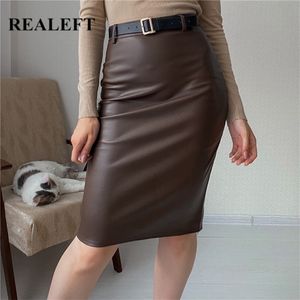 REALEFT PU Leather Wrap Skirts with Belted Autumn Winter Women Stylish Midi High Waist Sheath Pencil Sexy 220401