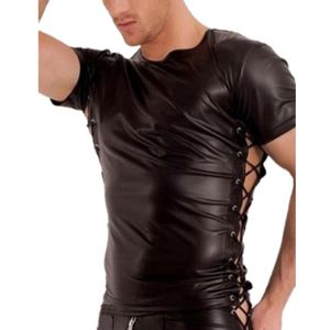 Herr t-skjortor m￤n faux l￤der fast f￤rg elastisk topp sida spets bandage fetisch gay bar scen prestanda smal t-shirt