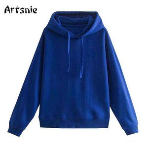 Artsnie Winter Fleece Blue Sweatshirt女性フード付き長袖特大のパーカー