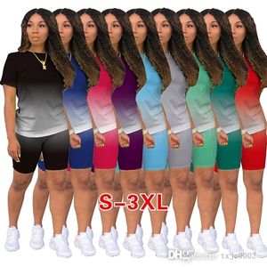 Kvinnor 2-delade byxor Set Sommar Casual Gradient Bomulls träningsoveraller Kortärmad T-shirt Biker Shorts Kostymer Designer Plus Size Kläder