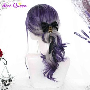 Wig Female Purple Gradient Gray Long Curly with Air Bangs Girl Daily Party Cosplay Heat Resistant Fiber Synthetic 220622