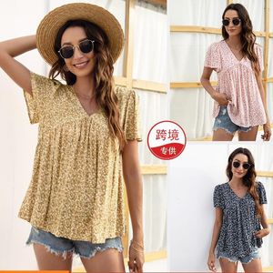 T-shirt women's Summer European and American Fashion Casual V-neck Pleated Short Sleeve Printed Floral Loose Clothes