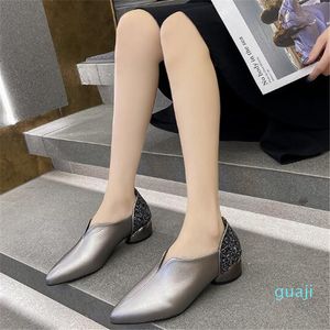 Frühling Herbst Schuhe Frau High Heels Pumps spitz Büro Dame Arbeit Schuh Starke Ferse Pailletten Weiche PU Leder Schwarz silber