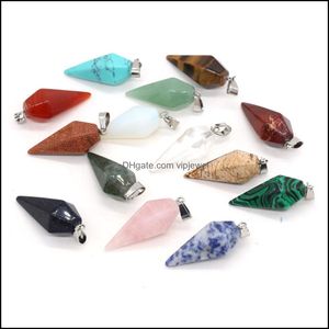 Charms Jewelry Findings Components Natural Stone Cone Rose Quartz Tigers Eye Opal Pendants Crystal Clear Ch Dhyqs