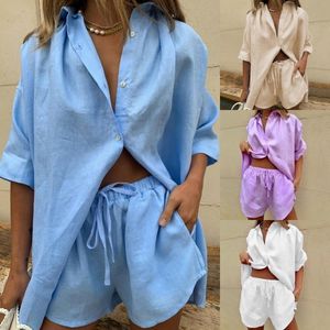 Women's Tracksuits Women Lounge Wear Shorts Set Short Sleeve Shirt Tops And Loose Mini Suit Two Piece Cotton Linen Summer Tracksuit