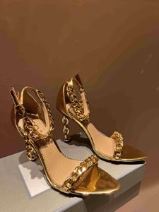 Top-Qualität goldene Metallketten Sandalen Sandalen Lederschuppen Plattform Schiebereife Fashion Cross-Knöchel-Gurt Marke Design Sommer Stiletto Party Hochzeits Sandalengröße 35-41