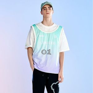 Sommer Neue Herren T-shirts Mode Kontrast Farbe Gaze Netz Hemd Lose Lässige Atmungsaktive Kurzarm Schnell Trocknend Tie-dye gefälschte Zwei-stück Kleidung Baumwolle Pullover