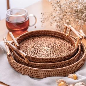 Dishes & Plates Handwoven Rattan Storage Tray With Wooden Handle Round Wicker Basket Bread Plate Fruit Cake Platter Dinner Serving