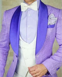 Men Suits Lavender lilac Pattern and Ivory Groom Tuxedos Shawl Satin Lapel Groomsmen Wedding Best Man Jacket Pants Vest Tie