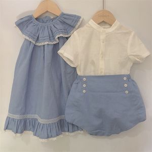 Boutique per bambini Abbigliamento spagnolo Estate Ragazzi Ragazze Blu manica corta in cotone Set di lino Sorella Fratello Eid Vestiti Abito di compleanno 220509