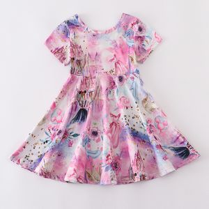 Girlymax Summer Baby Girls Milk Silk Floral Print Twirl Dress Kne Längd Barnkläder Kort ärmlös CX220514