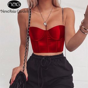 Asia Summer Crop Top Women Sexy Bustier Blackless Chain Strap Padded ped Casual Satin Black s Clothes 220316