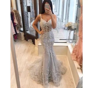 Abiti da sera a sirena in pizzo grigio chiaro modesto 2022 senza spalline con perline di cristallo Abiti da ballo lunghi Abiye Robe De Soiree Party Dress