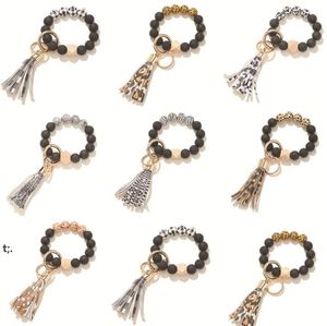 Black Fosted Wooden Bead Bracelet Keychain Party Favor Fashion Pattern Tassel Pingente Bracelets Mulher Girl Key Ring Wrist Strap