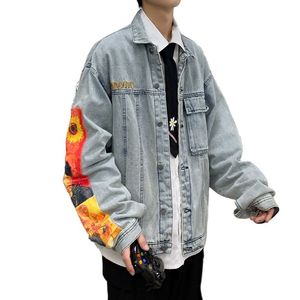 Toptan 2021 Denim Ceket Erkek Gevşek Kore Sonbahar Kış Okulu Giysileri Öğrenci Harajuku Sleeve Baskılı Yakışıklı Erkek Ceket