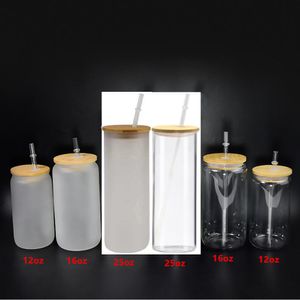 moq 60 Stück 12 Unzen 16 Unzen 25 Unzen gerade Tumbler-Glasbecher Sublimationsrohlinge Klares gefrostetes Glas Weithals-Bierkaffeetassen Gläser Weinbecher Becher mit Bambusdeckel-Strohhalmen