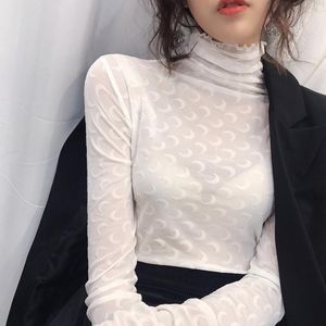 Tops Shapers Print T-Shirt Women Turtleneck Long Sleeve Bottom Shirt Skinny Flock Mesh Top Spring Autumn Women Tshirt