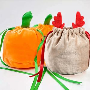 Halloween Pumpkin Basket Party Velvet Elk Bat Candy Bag With String Trick or Treat Mini Pouch Festival Decoration