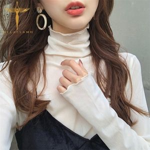 セクシーなソリッドカラー菌類ハイネックレーススルー女性Tシャツレトロ気質メッシュ女性TシャツオフィスレディスプライスTシャツ220527