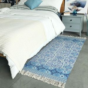 Carpets High Blue And White Flowers Design Tessel Edge Cotton Area Rug For Bedside Living Room Tapetes Para Casa Sala Tapis SalonCarpets