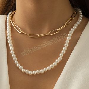 BOHOシンプルな中空厚いクロスチェーン鎖骨ネックレスレディースファッションクリエイティブな模造真珠ビーズネックレスガールジュエリー