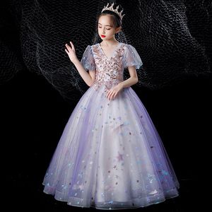 Adorable purple Ball Gown Flower Girl Dresses Princess Sheer Long Sleeves Appliques Jewel Neck Toddler baby Birthday Party pageant Gowns