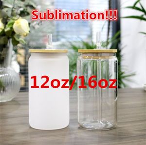 US Stock 12oz 16oz Sublimation Glass Beer Mugs with Bamboo Lid Straw DIY Frosted Clear Drinking Utensil Coffee Wine Milk Beer Juice Cold Drinkware