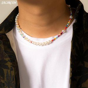 Collar Cadena Cadenas Perlas al por mayor-Boho Multicolor Beads Imitación Collar de perlas para mujeres Men KPOP Vintage Cadena de hilos estética en el cuello Accesorios de moda P214F