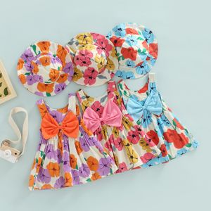 Criança bebê meninas verão conjunto de roupa mangas o pescoço floral uma linha vestido com arco grande + balde redondo chapéu 6m-3T