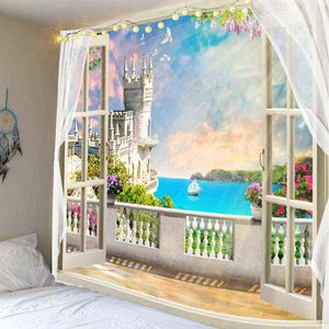 Balcone Castello Stampato Grandi arazzi da parete Economici Hippie Palma Paesaggio Trippy Tapiz Boho Decorazione murale Camera da letto Decorazione domestica J220804