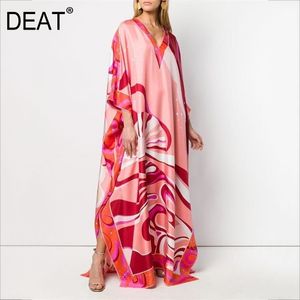 Deat vneck Flare Sleeves Colorful Print Floor Pullover فضفاضة بالإضافة إلى الحجم الربيع والصيف فستان WK74111L 201008
